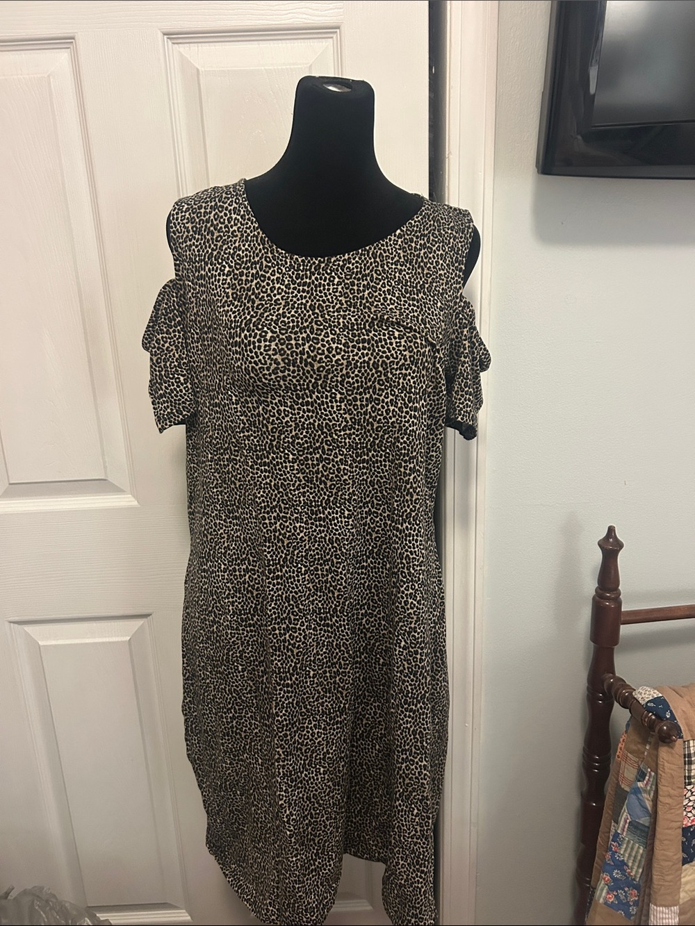 Michael Kors Beige and Black Leopard-Print Asymmetrical Cold-Shoulder Dress